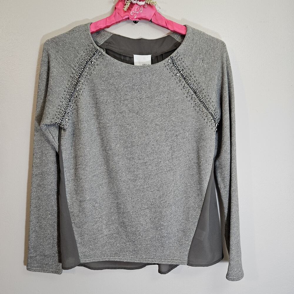 GREYLIN Gray Beaded Long Sleeve Blouse M NWT Minimalist Quiet Luxury Capsule
